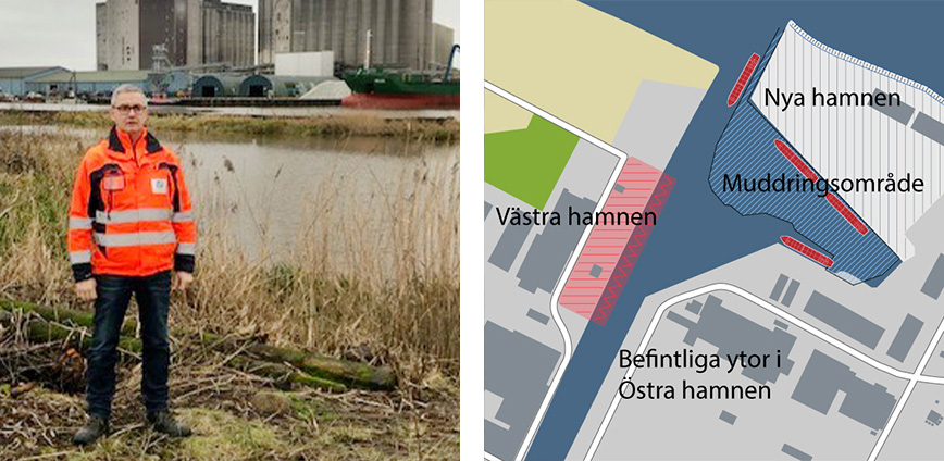 Thomas Holmberg och karta &ouml;ver nya hamnen